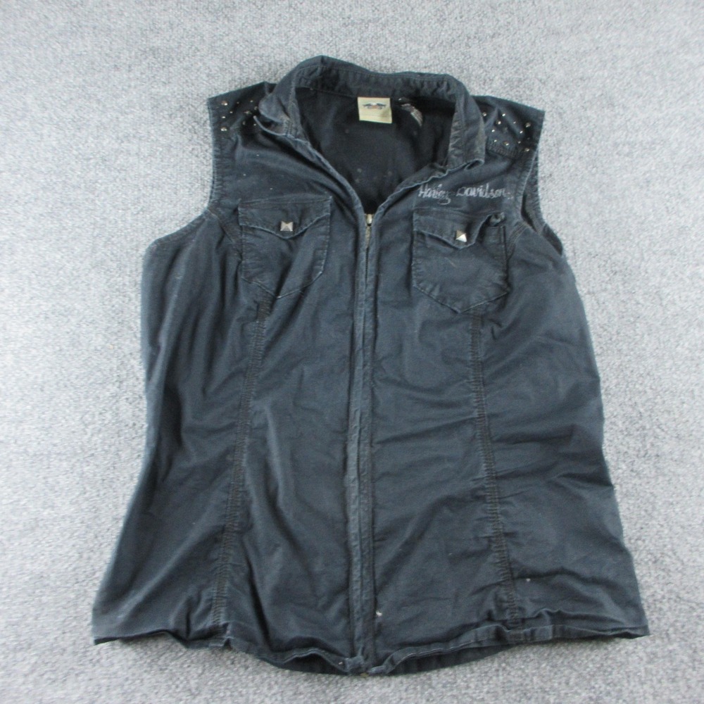 Harley-Davidson Vest Womens XL Black Full Zip Cotton Studded Biker‎ Sleeveless
